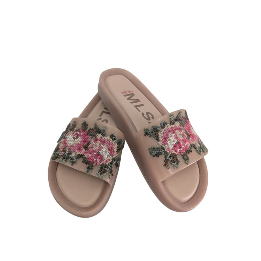 Pink Melissa Beach Slide Flower sandals Slides Floral cross-stitch Sz 9